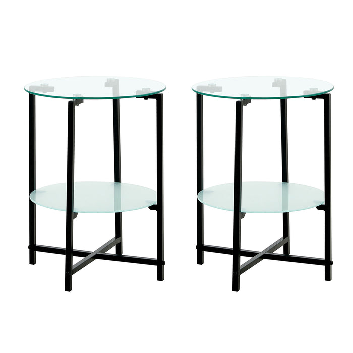 JWS Tempered Glass End Table (Set of 2) , Round Coffee Table For Bedroom Living Room Office - Black