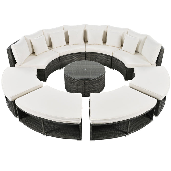 Outdoor Patio Furniture Luxury Circular Sofa Set Rattan Wicker Sectional Sofa Lounge Set With Tempered Glass Coffee Table, 6 Pillows