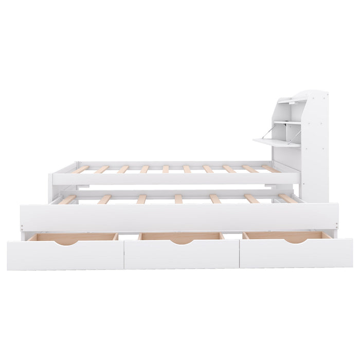 Wooden LED Platform Bed With Trundle, With Storage Headboard, With Drawers