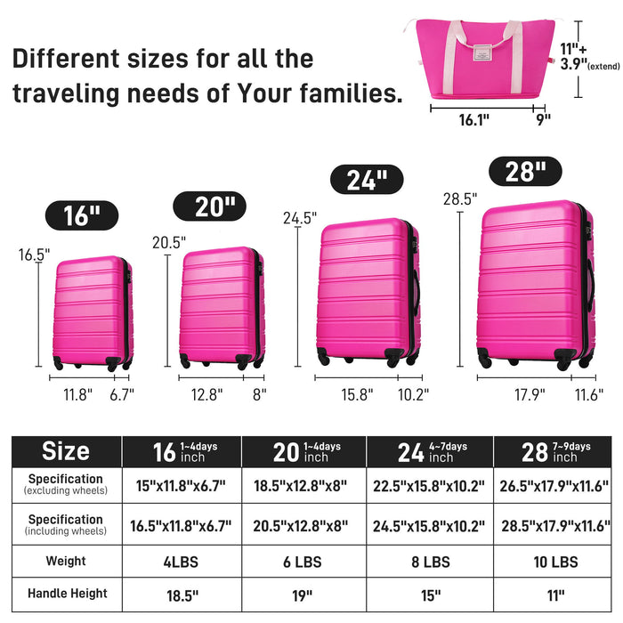 Hardshell Luggage Sets 4 Pieces + Bag Spinner Suitcase With Tsa Lock Lightweight - 16" / 20" / 24" / 28" Luggages