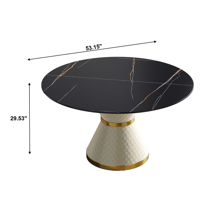 53.15" Modern Artificial Stone Round Carbon Steel Base Dining Table, Can Accommodate 6 People - Black / White