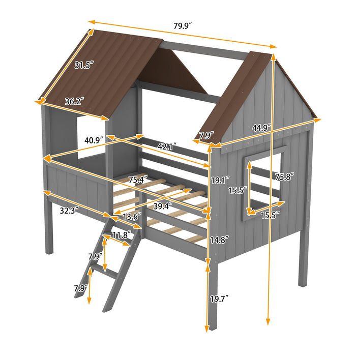 Low Loft Wood House Bed With Two Side Windows