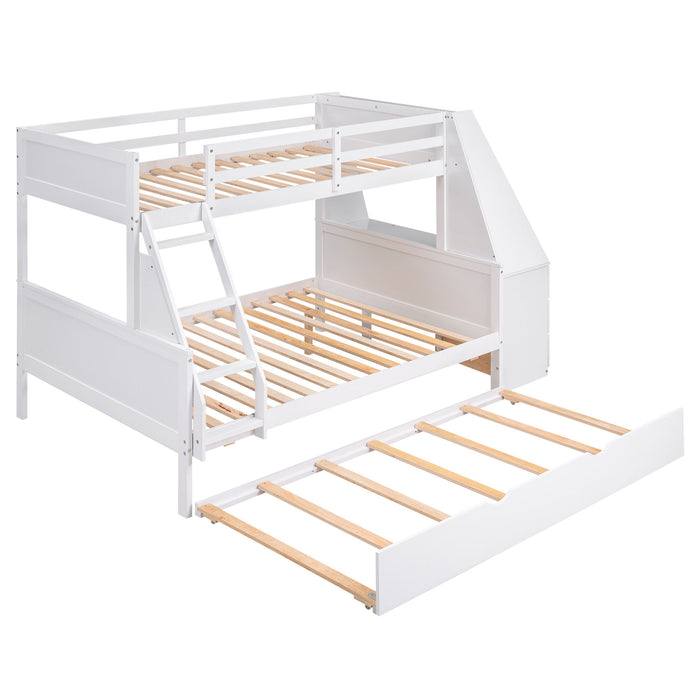 Twin Over Full Bunk Bed With Trundle And Built-In Desk, Three Storage Drawers And Shelf - White