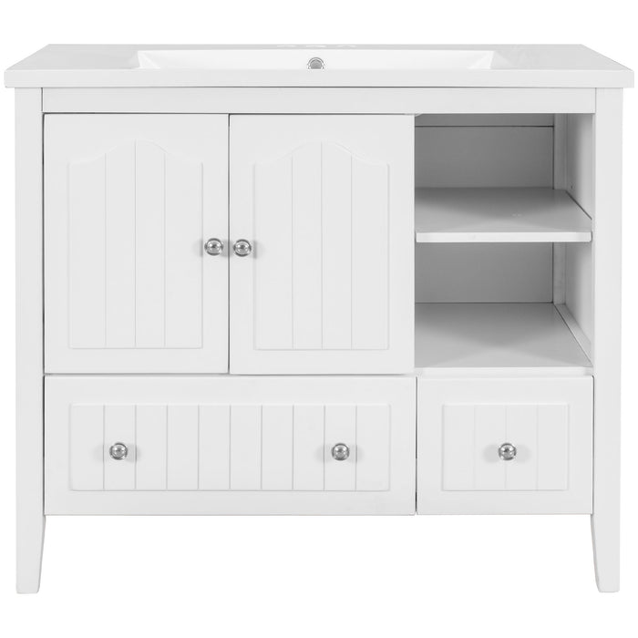 Bathroom Vanity With Ceramic Basin, Bathroom Storage Cabinet With Two Doors And Drawers, Solid Frame, Metal Handles