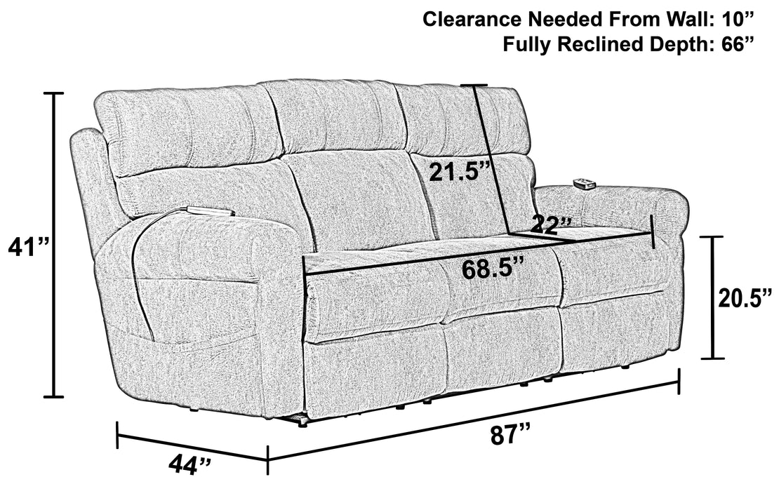 Tranquility - Power Headrest Power Lay Flat Reclining Sofa With DDT / CR3 Heat / Massage / Lumbar - Pewter