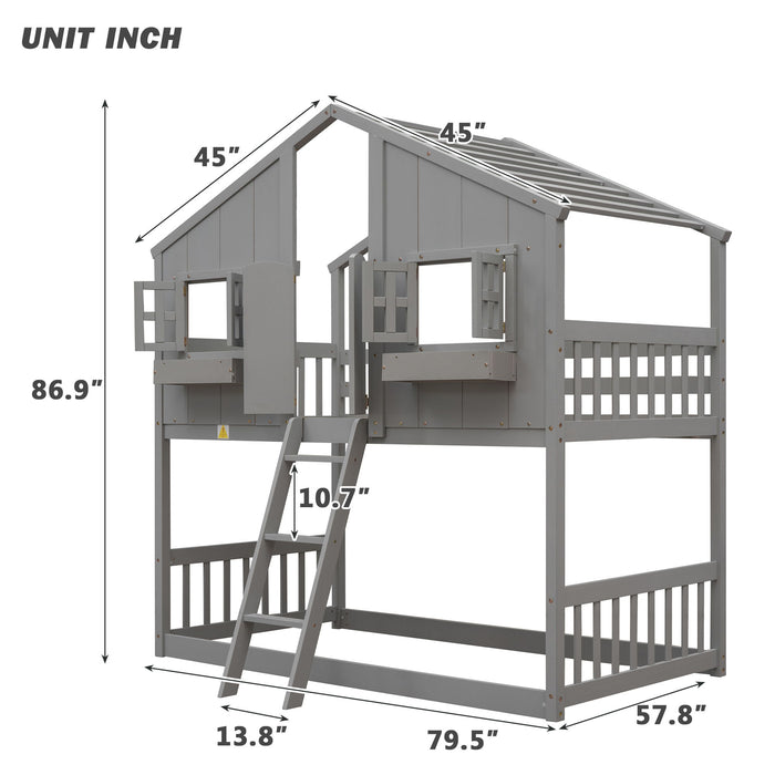 House Bunk Bed With Roof, Window, Window Box, Door, With Safety Guardrails And Ladder