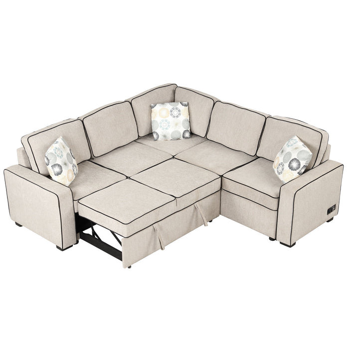 L-Shaped Pull Out Sofa Bed Modern Convertible Sleeper Sofa With 2 USB Ports, 2 Power Sockets And 3 Pillows For Living Room