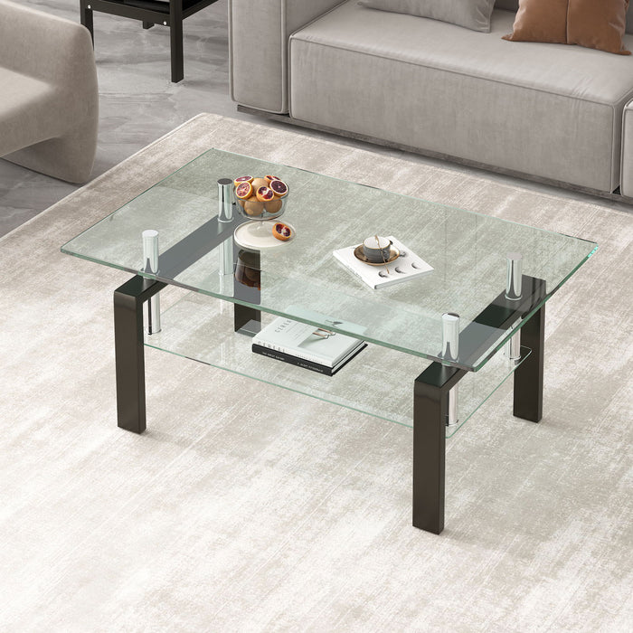 Tempered Clear Glass Coffee Table, 2-Layers Coffee Table Living Room Center Table