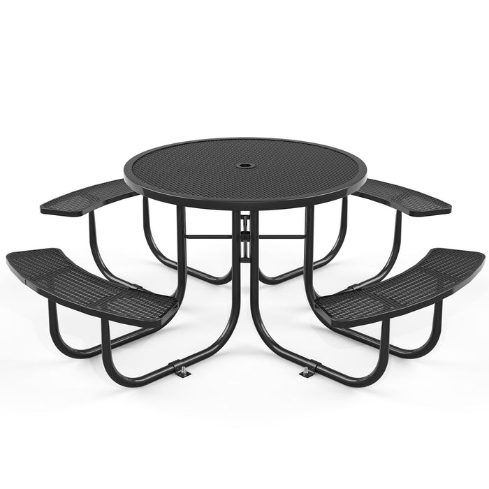 Round Outdoor Steel Picnic Table With Umbrella Pole - Black