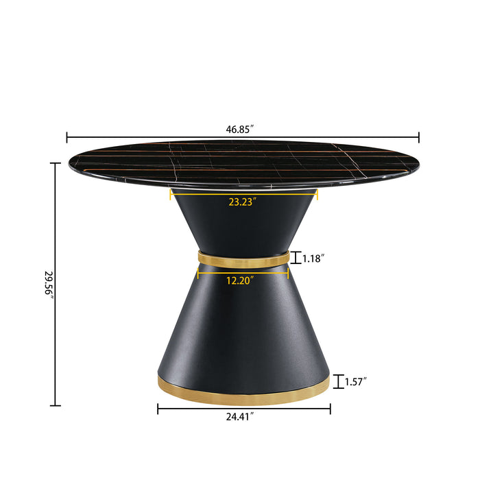 Marble Printed MDF Round Dining Table With Gold Annulus (Not Including Chairs) - Black