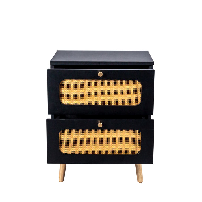 2 Drawer Rattan Nightstand For Bedroom And Living Room, End Table, Side Table With 2 Hand Made Rattan Decorated Drawers - Black