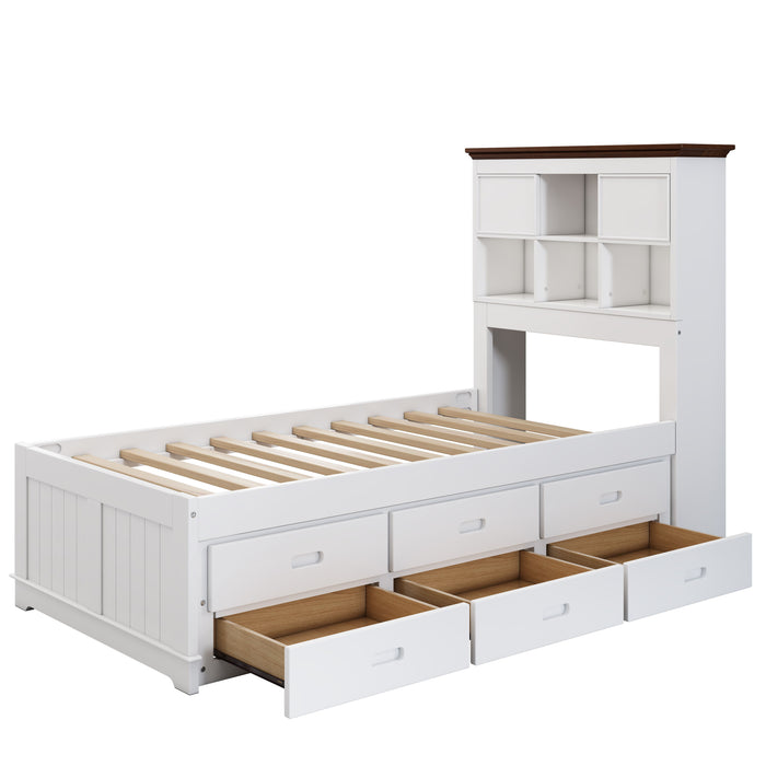 Twin Solid Pine Captain Bookcase Bed With Trundle Bed And 3 Spacious Under Bed Drawers In Casual - White / Walnut