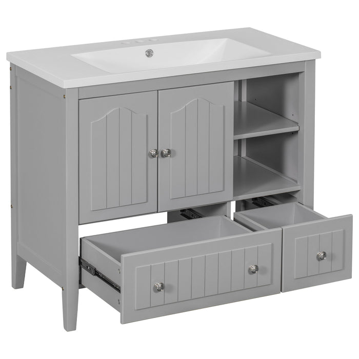 Bathroom Vanity With Ceramic Basin, Bathroom Storage Cabinet With Two Doors And Drawers, Solid Frame, Metal Handles