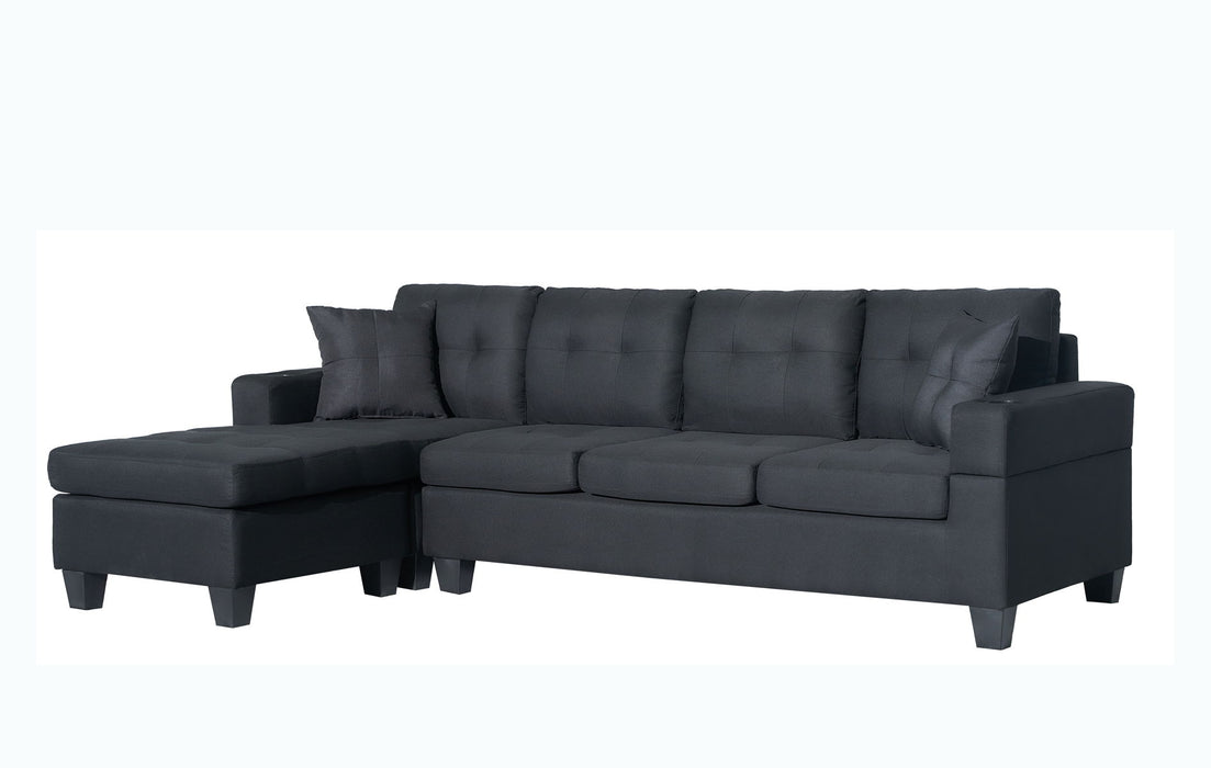 Nala - Wide Fabric Reversible Sectional Sofa With Cupholders And 2 Throw Pillows - Black