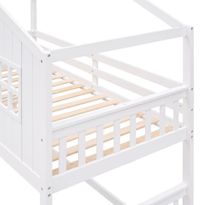 Twin Over Twin House Bunk Bed With Ladder, Wood Bed