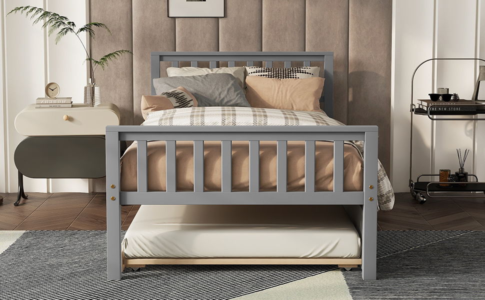 Twin Bed With Trundle, Platform Bed Frame With Headboard And Footboard, For Bedroom Small Living Space, No Box Spring Needed