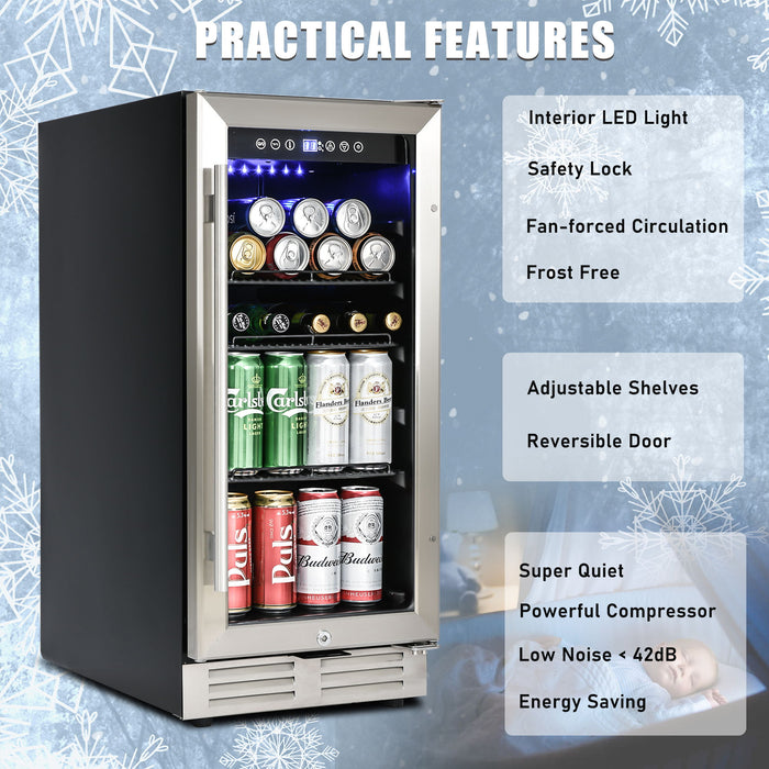 Built-In And Freestanding Mini Beverage Refrigerator / Wine Cabinet, 120 Cans, 37-65°F, Quiet, Adjustable Shelves, LED Lighting, Etl, Touch Controls, Defrost, Double Glass Door - Black / Silver