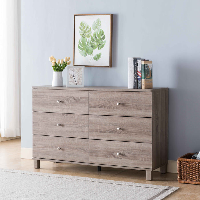 Modern Dresser With Six Drawers And Metal Knob Handles
