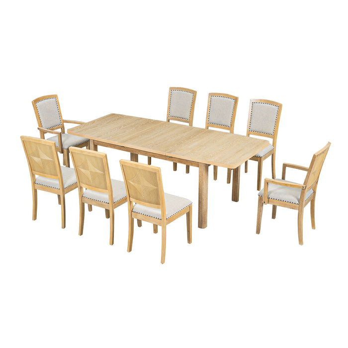 Topmax - Rustic Extendable Dining Table Set With Removable Leaf, 6 Upholstered Armless Dining Chairs And 2 Padded Arm Chairs, 9 Pieces