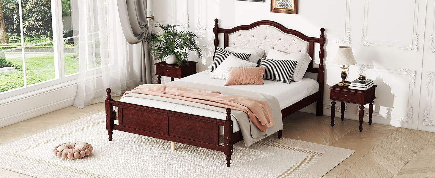 Pine Wooden Bed With Upholstered Headboard And Panel Footboard, With Two Bed Rail Support Feet And Central Platform Support Feet