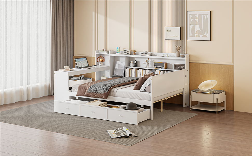 Wooden Daybed With 3 Drawers, USB Ports And Desk