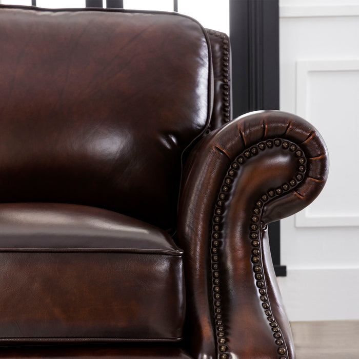 Traditional Roll Arm Nailhead Leather Sofa - Brown