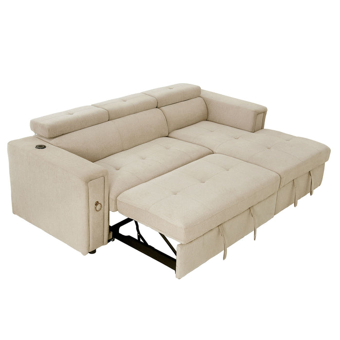 Multi-Functional Pull-Out Sofa Bed L-Shape Sectional Sofa With Adjustable Headrest, Wireless Charging, Cup Holders And Hidden Storage For Living Room