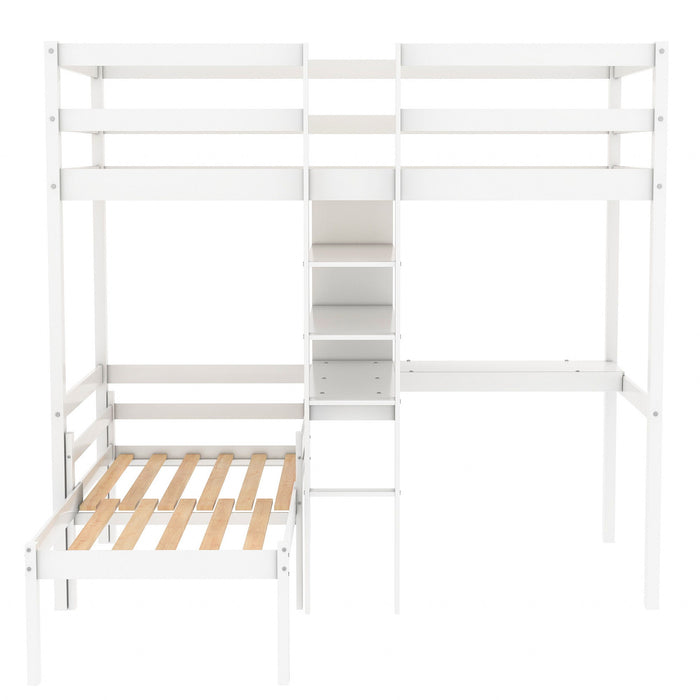 Convertible Loft Bed With L-Shape Desk, Twin Bunk Bed With Shelves And Ladder - White