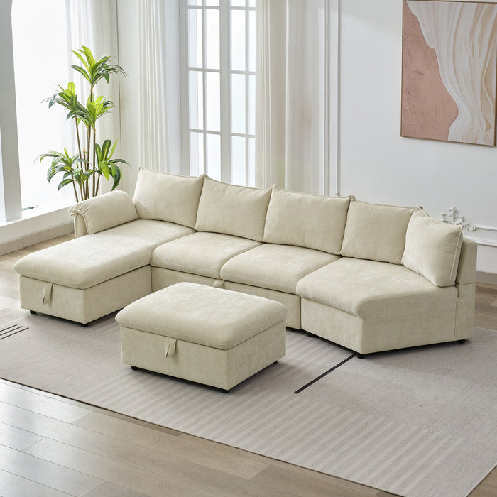 L-Shaped Sofa Sectional Sofa Couch Pull-Out Sofa Bed With A Movable Storage Ottoman, A Storage Chaise Lounge And Two USB Ports For Living Room