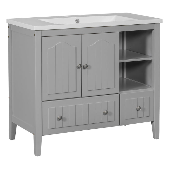 Bathroom Vanity With Ceramic Basin, Bathroom Storage Cabinet With Two Doors And Drawers, Solid Frame, Metal Handles