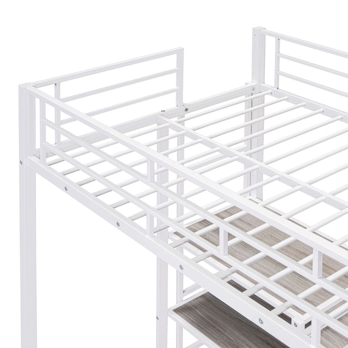 Loft Bed With Desk And Whiteboard, Metal Loft Bed With 3 Shelves And Ladder