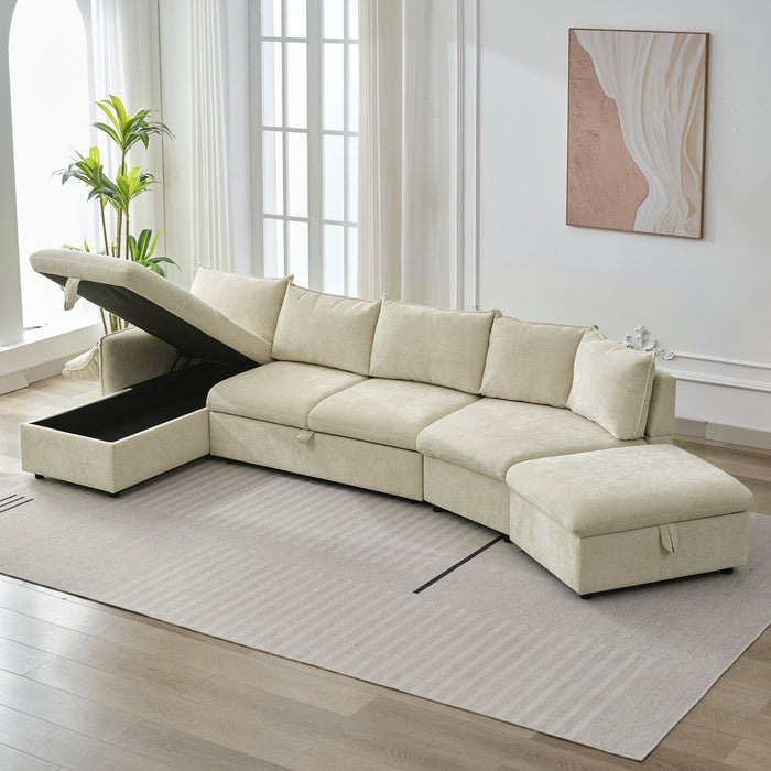 L-Shaped Sofa Sectional Sofa Couch Pull-Out Sofa Bed With A Movable Storage Ottoman, A Storage Chaise Lounge And Two USB Ports For Living Room