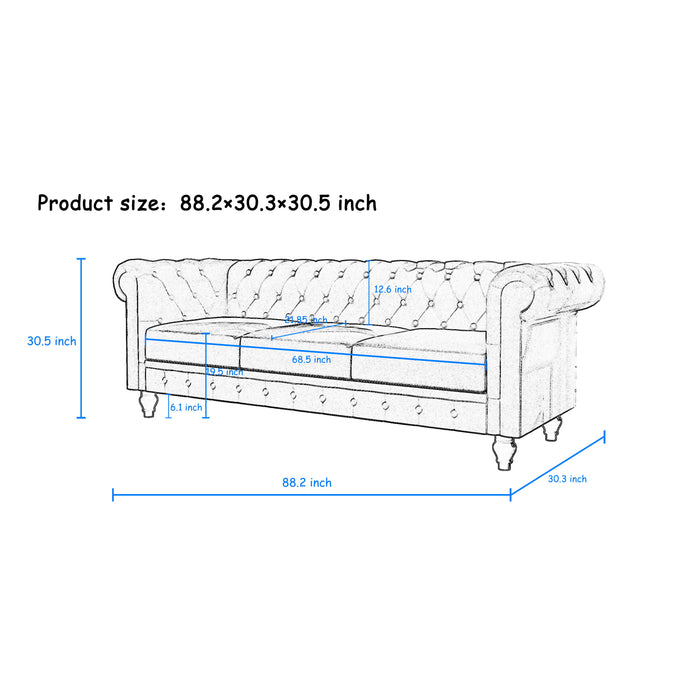 Chesterfield Sofa, 3-Seater Plush Fabric With Tufted Buttons And Wooden Legs, Classic Design - Beige