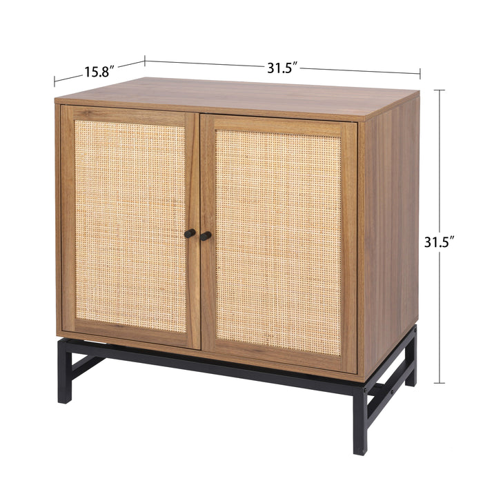 2 Door Cabinet, With 1 Adjustable Inner Shelves, Rattan, Accent Storage Cabinet (Set of 2) - Walnut