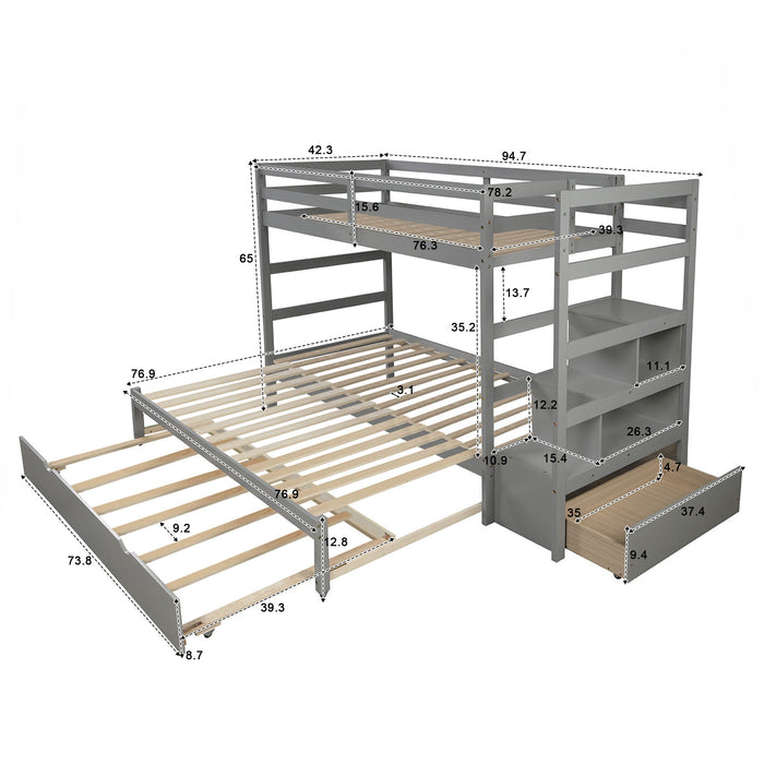 Twin Over Twin / King (Irregular King Size) Bunk Bed With Twin Size Trundle, Extendable Bunk Bed - Gray