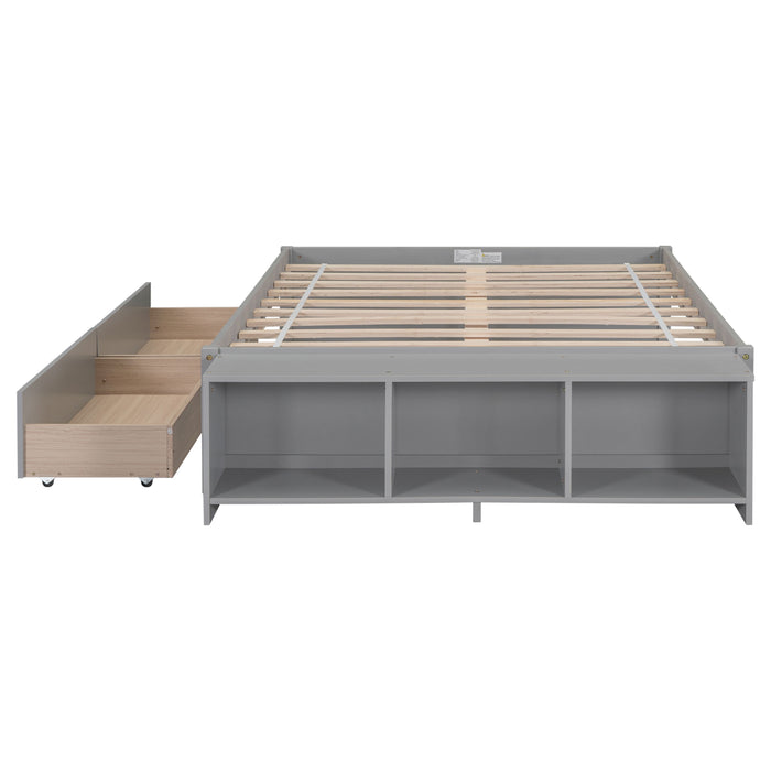 Full Size Bed With Storage Case, 2 Storage Drawers, Lengthwise Support Slat - Gray