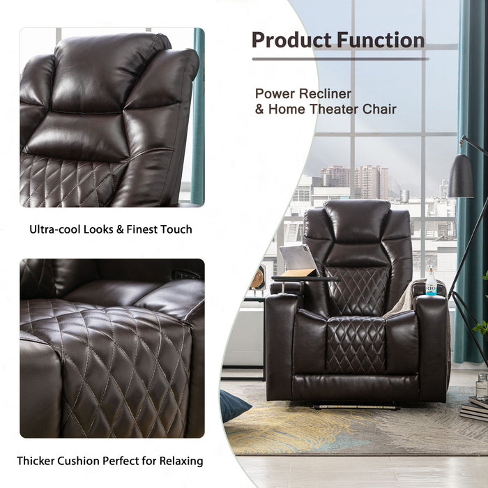 Power Motion Recliner With USB Charging Port And Hidden Arm Storage, Home Theater Seating With 2 Convenient Cup Holders Design And 360 Degree Swivel Tray Table