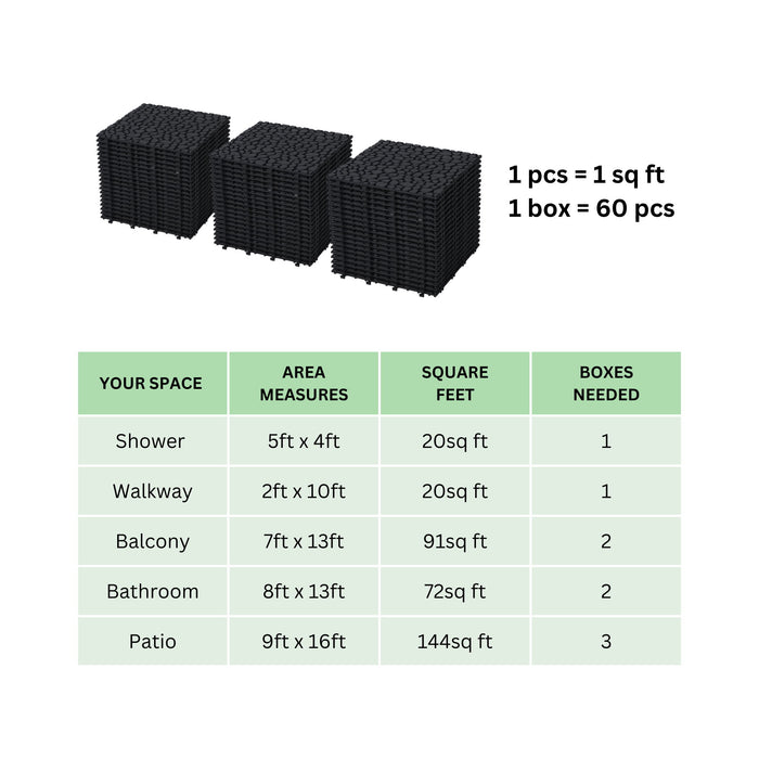 Interlocking Deck Tiles Plastic Waterproof Outdoor All Weather Anti-Slip Bathroom Shower Balcony Porch Strong Weight Capacity Upto 440 Lbs, Pebble Stone Pattern