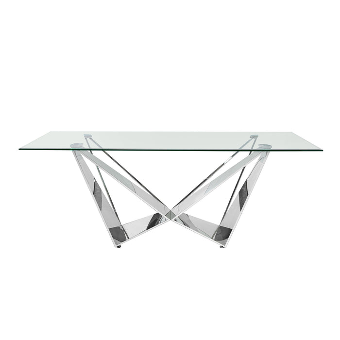 Clear Glass With Polished Stainless Steel Base Dining Table - Silver