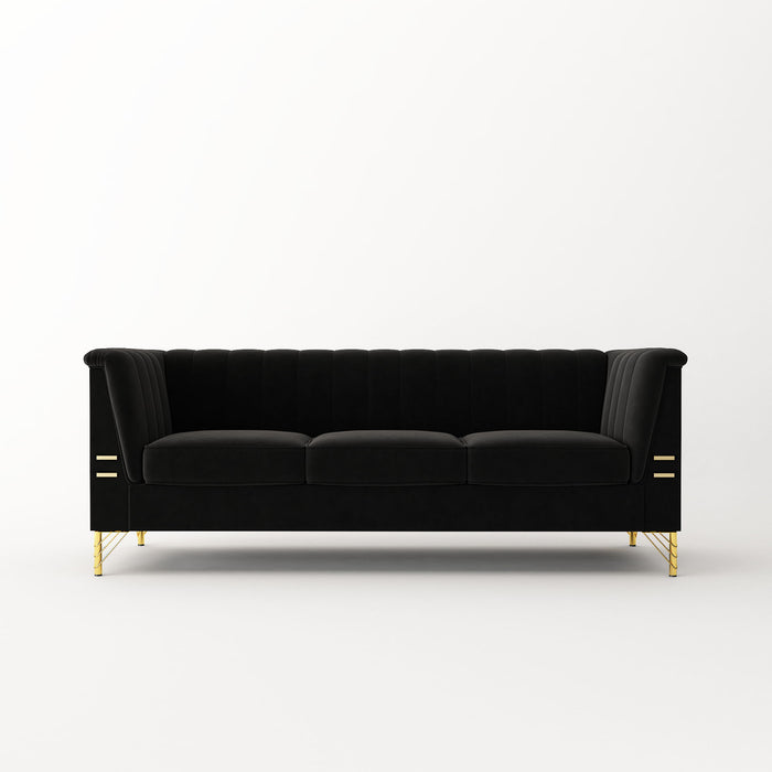 Fx-P82-Bk (Sofa) Modern Sofa Couches For Living Room, Velvet Tight Back Chesterfield Design Couch Upholstered Sofa With Metal Legs Decor Furniture For Bedroom - Black