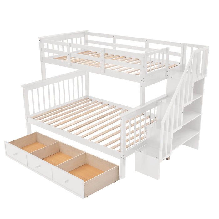 Twin Over Full Stairway Bunk Bed With Drawer, Storage And Guard Rail For Bedroom, Dorm, For Adults