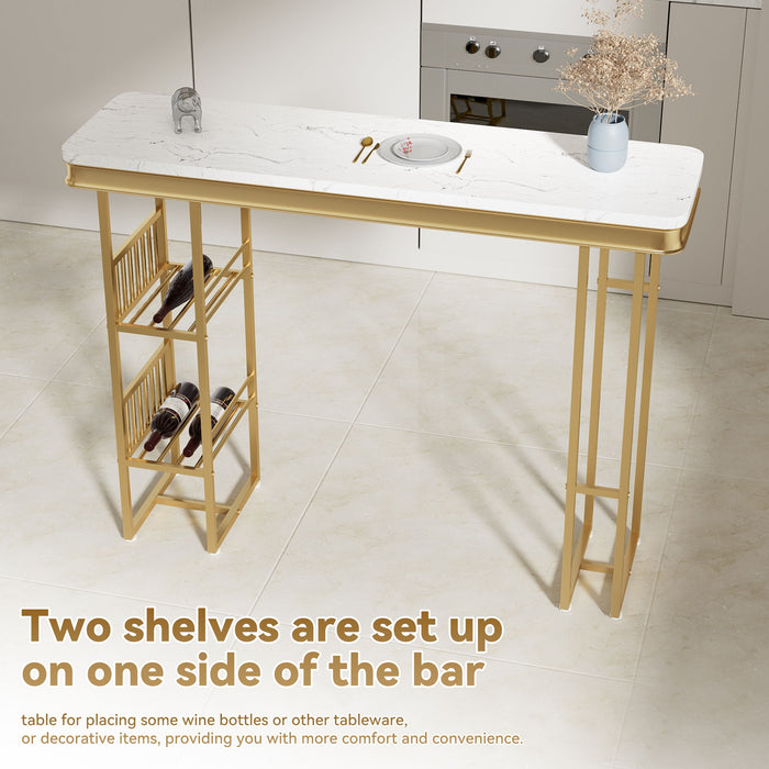 Modern Straight Bar Table With Shelves - White / Gold