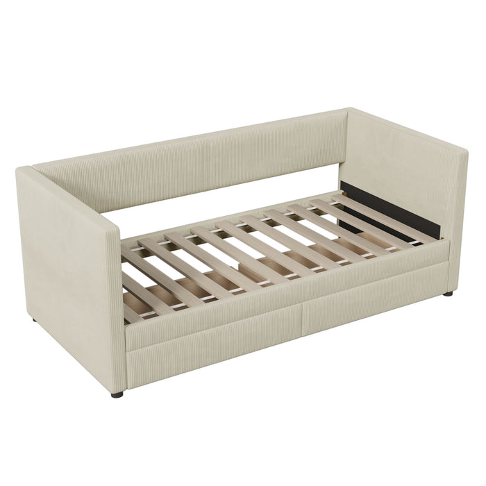 Twin Size Corduroy Daybed With Two Drawers And Wood Slat