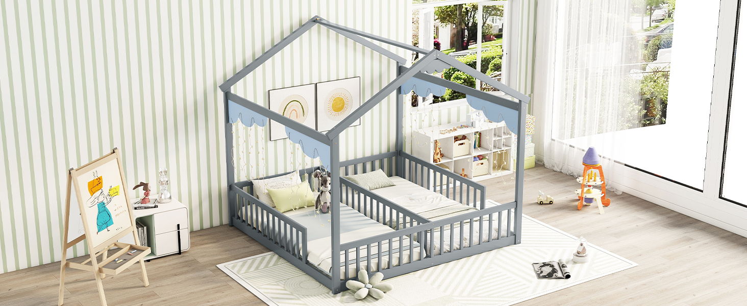 Double Twin House-Style Floor Bed With Fence, Guardrails, Without Door