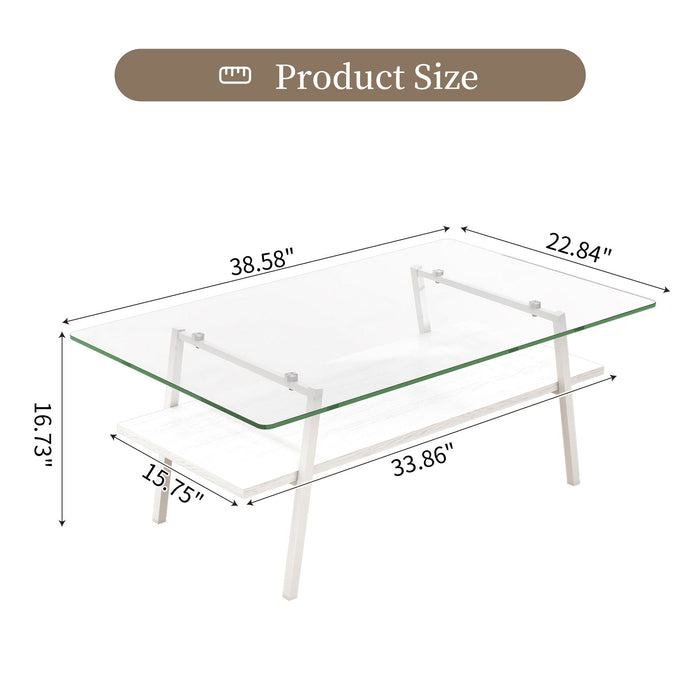 Rectangle Coffee Table, Tempered Glass Tabletop With Metal Legs, Modern Table For Living Room