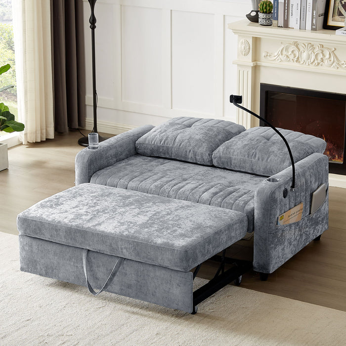 Modern Loveseat Pull Out Sofa Bed With Adjustable Backrest, Two Cup Holders, A Phone Holder, Three Charging Ports And Side Storage Pockets For Living Room