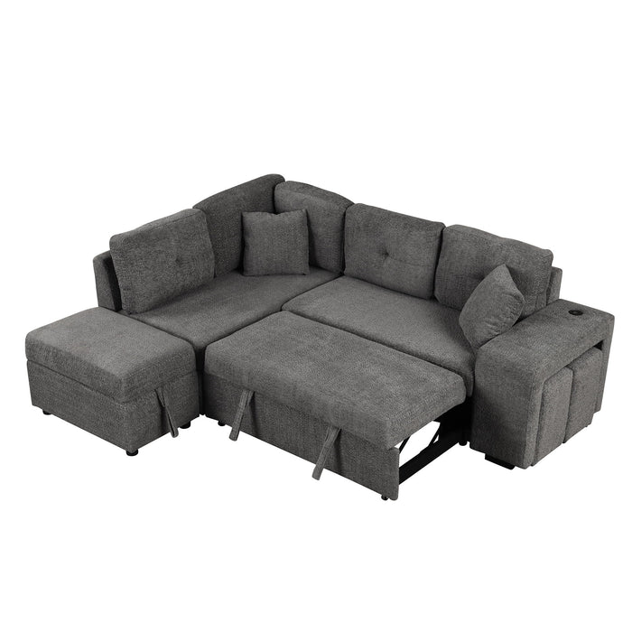 Convertible Sleeper, Sectional Pull Out Sofa Bed With Storage Ottoman, 2 Throw Pillows, 2 Stools, Wireless Charger And Two Hidden USB Ports For Living Room