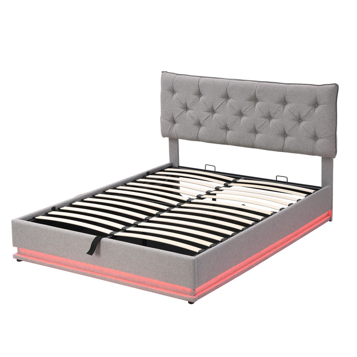 Upholstered Bed With Hydraulic Storage System And LED Light, Modern Platform Bed With Button-Tufted Design Headboard