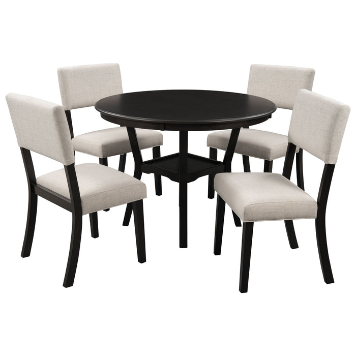 5 Piece Kitchen Dining Table Set Round Table With Bottom Shelf, 4 Upholstered Chairs For Dining Room - Espresso