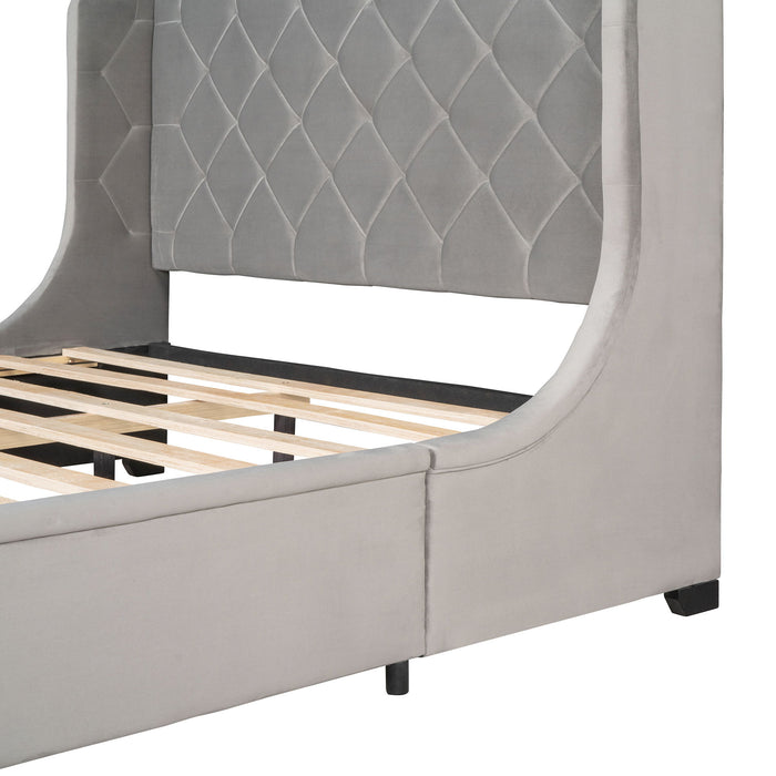 Queen Size Storage Bed Velvet Upholstered Platform Bed With Wingback Headboard And A Big Drawer